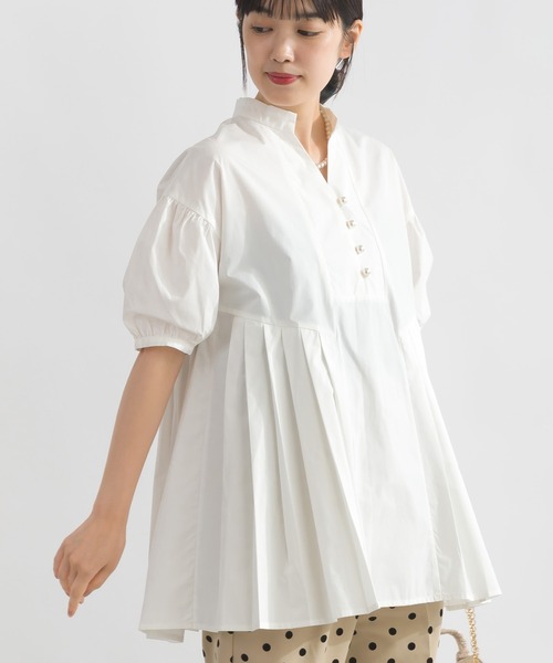 PICCIN PERLA ブラウス シャツ 裾プリーツパールボタンブラウス