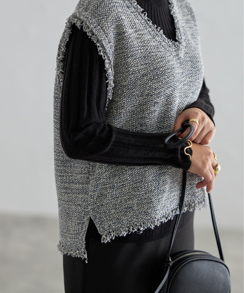 3点おまとめ▲デニムブラウス・ツイードベスト・ニット SHIPS（シップス） ベスト ジレ 「手洗い可能」メタルボタンツイード