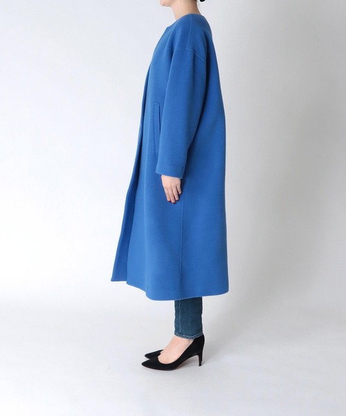 ESTNATION✨ノーカラーウールロングコート　シャルムビーバー　36 ブルー ESTNATION✨ノーカラーウールロングコート シャルムビーバー 36 ブルー