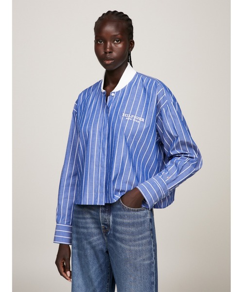 TOMMY HILFIGER シャツ ブラウス ベースボールストライプリブネック 