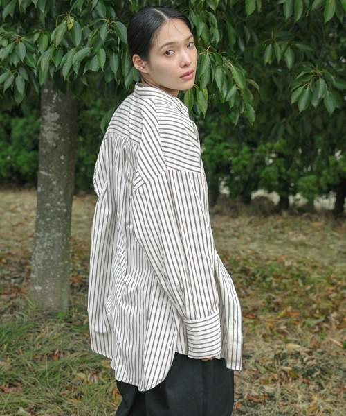 ＆リラックスバックプリーツシャツ＜ターコイズストライプ＞(XS