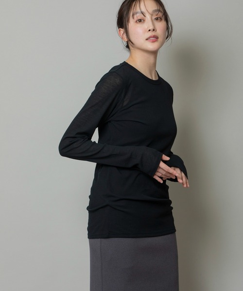 tシャツ シアーストレッチリブクルーネックプルオーバー レディース