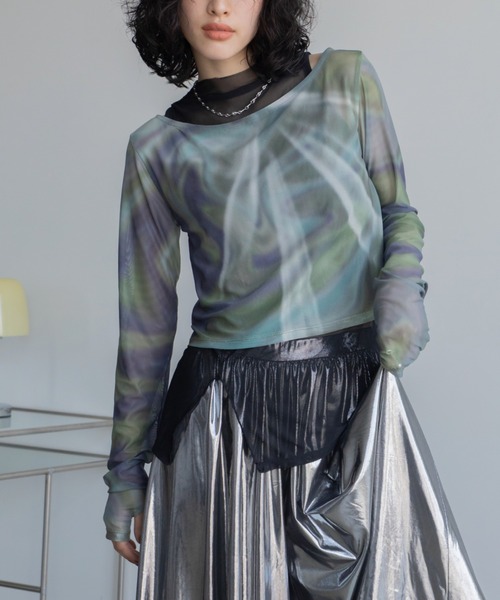 tシャツ シアレイヤードハイネックトップス レディース レディース レイヤード 長袖 シースルーtシャツ シア メッシュ