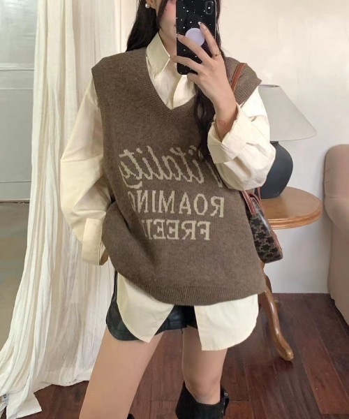 ベスト ジレ 「レディース商品」ロゴ入りVネックニットベスト レディース | CREARE -LINO-