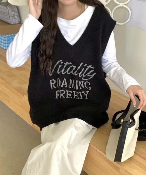 ベスト ジレ 「レディース商品」ロゴ入りVネックニットベスト レディース | CREARE -LINO- | 01