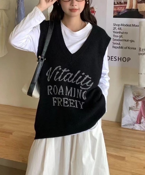 ベスト ジレ 「レディース商品」ロゴ入りVネックニットベスト レディース | CREARE -LINO- | 06