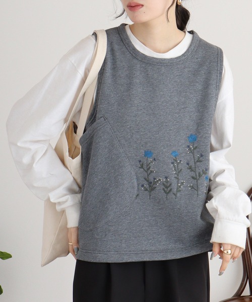 ベスト ジレ EMAGO ビッグポケット花刺繍ベスト レディース