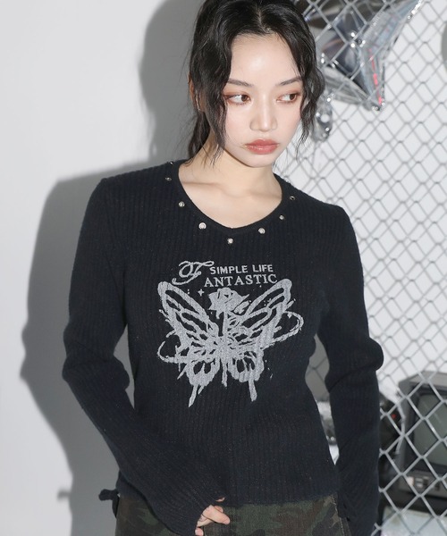 MSGirl tシャツ アイレットネックグラフィックカットソー レディース