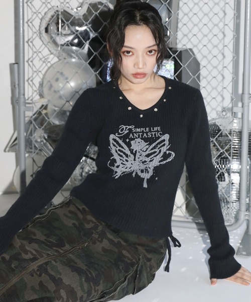 MSGirl tシャツ アイレットネックグラフィックカットソー レディース