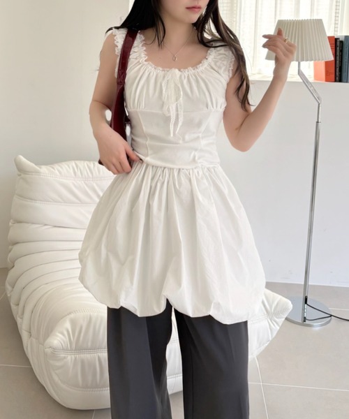Ada. ワンピース ギャザーショルダー 胸元リボン バルーン ミニ