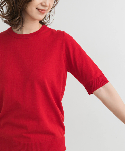 新品タグ付！アーバンリサーチドアーズ コットンハーフスリーブKNIT RED URBAN RESEARCH DOORS ニット セーター 「UR TECH ひや