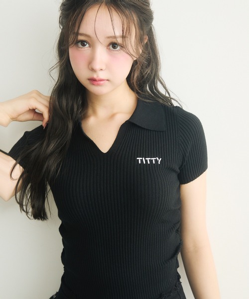 titty&Co. フリルニット FREEサイズ　ブラック TITTY＆CO. ニット セーター ロゴ入り半袖ニットポロ レディース