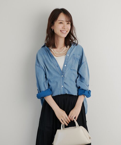ブラウス シャツ 「綿100％・大人カジュアルに」デニム風深タックシャツ レディース un dix cors ブラウス シャツ 「綿100％・大人カジュアルに