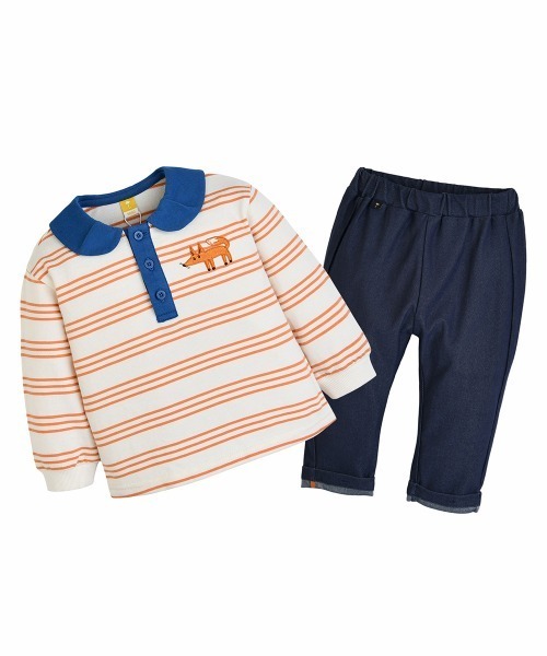 セットアップ 「セットアップ」フォックス襟付きボーダー長袖トップス