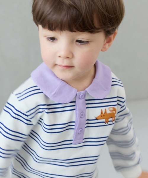 セットアップ 「セットアップ」フォックス襟付きボーダー長袖トップス