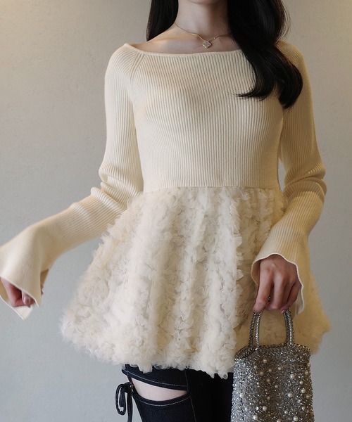 新品未使用 JUNOAH チュールペプラムドッキングニット Mサイズ JUNOAH（ジュノア） ニット セーター チュールペプラムドッキング