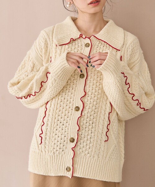 coen（コーエン） カーディガン 配色メローケーブル編み 襟付きニット