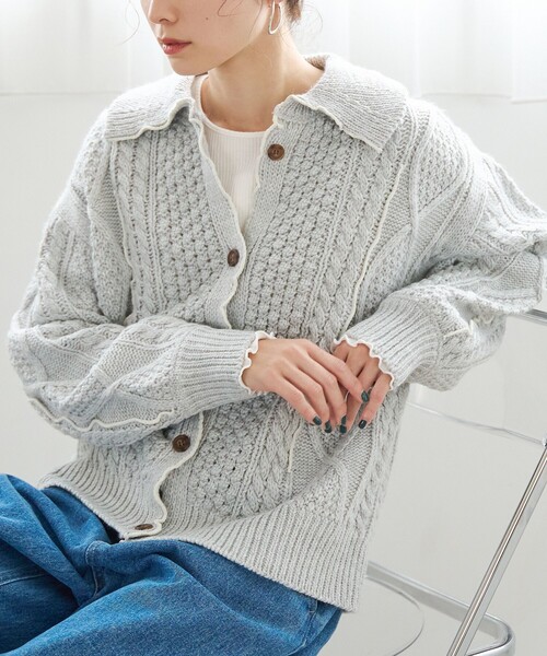 coen（コーエン） カーディガン 配色メローケーブル編み 襟付きニット