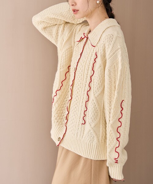 coen（コーエン） カーディガン 配色メローケーブル編み 襟付きニット