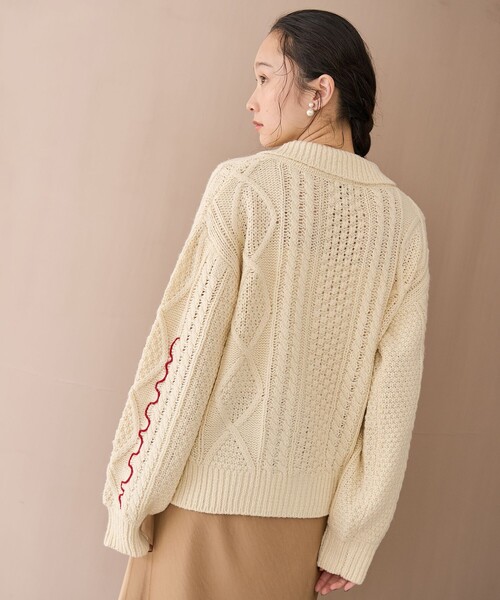 coen（コーエン） カーディガン 配色メローケーブル編み 襟付きニット