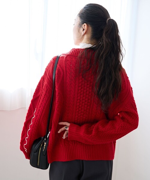 coen（コーエン） カーディガン 配色メローケーブル編み 襟付きニット