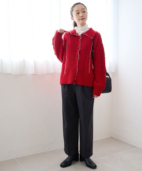 coen（コーエン） カーディガン 配色メローケーブル編み 襟付きニット