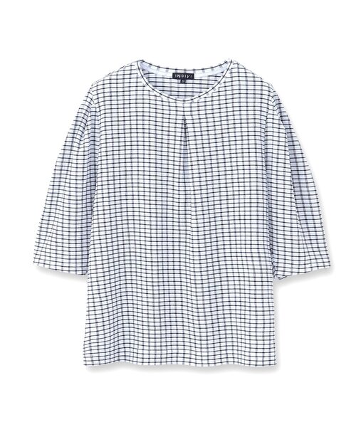 tシャツ 「UVケア／吸汗速乾」チェック柄タックボリュームスリーブトップス レディースの画像