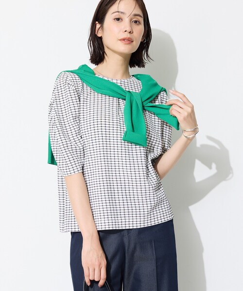 tシャツ 「UVケア／吸汗速乾」チェック柄タックボリュームスリーブトップス レディースの画像
