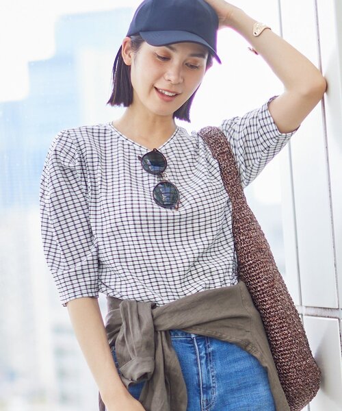 tシャツ 「UVケア／吸汗速乾」チェック柄タックボリュームスリーブトップス レディースの画像