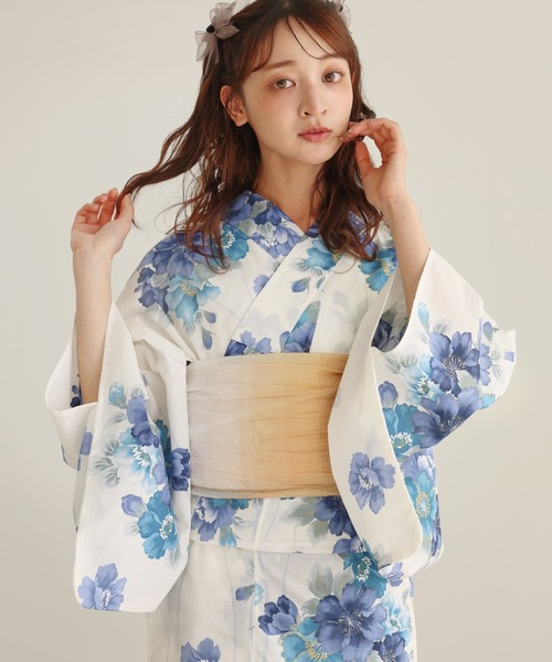 大人兵児帯 空庭の花 ホワイト×ブルー ASTRONOMY 浴衣 「帯が選べる」大人可愛いが叶う、レディース浴衣2点