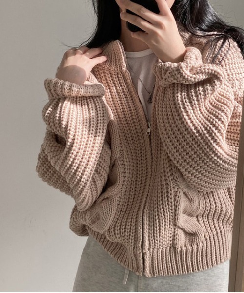 ジップアップカーデ ジャケット ケーブルニット 韓国3色 s6427 3colors/ジップアップニットカーディガン 韓国服 パープル