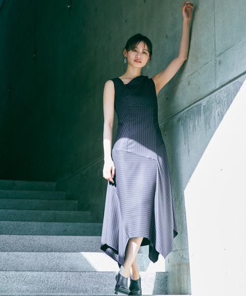 【訳あり美品】LADYMADE♡アシメントリーワンピース　ストライプ　ベージュ 訳あり美品】LADYMADE♡アシメントリーワンピース ストライプ