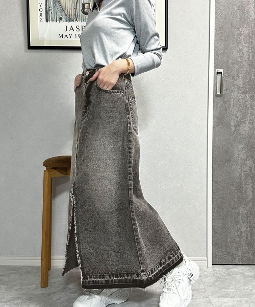 MILAE デニムスカート フリンジヘムデニムロングスカート : ZOZOTOWN