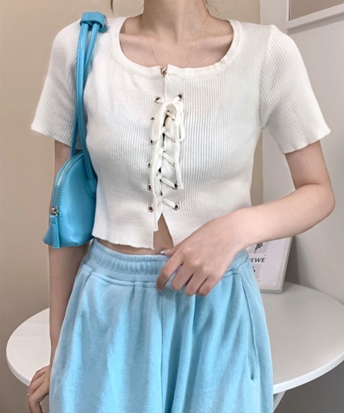 REMUR ニット セーター レースアップ半袖リブニット クロップド