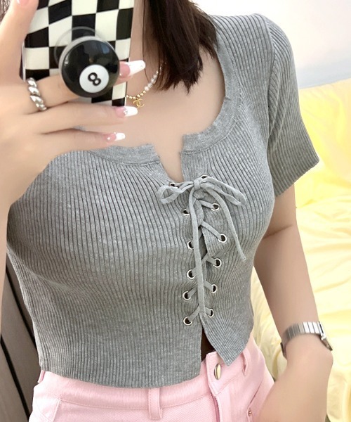 Rene リブ編み 半袖ニット トップス　36 2color 】ミニリボンオープンネック半袖ニットトップス ／ mini