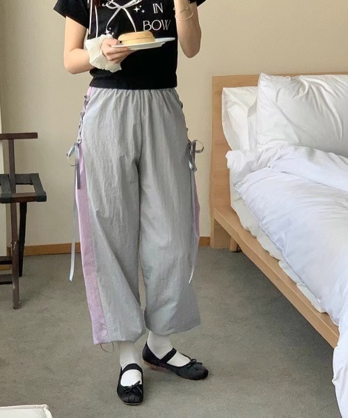 りーめい　MOパンツ　黒1 by muni:r パンツ バイカラーラインレースアップパンツ