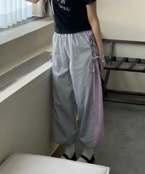 by muni:r パンツ バイカラーラインレースアップパンツ