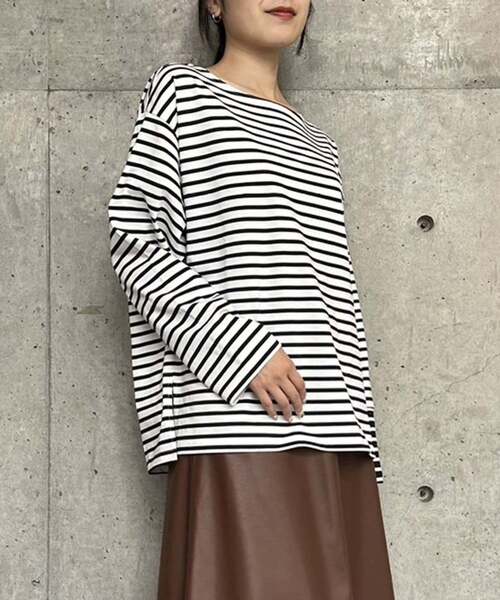 tシャツ 後ろVあき袖切り替えボーダートップス レディース