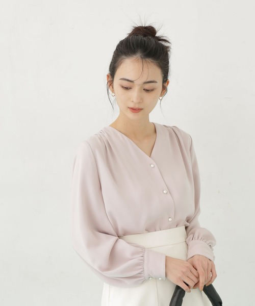 ブラウス シャツ スタンドネックパールボタンシャツ レディース le.coeur blanc｜《軽い素材》スタンドネックパールボタンシャツ