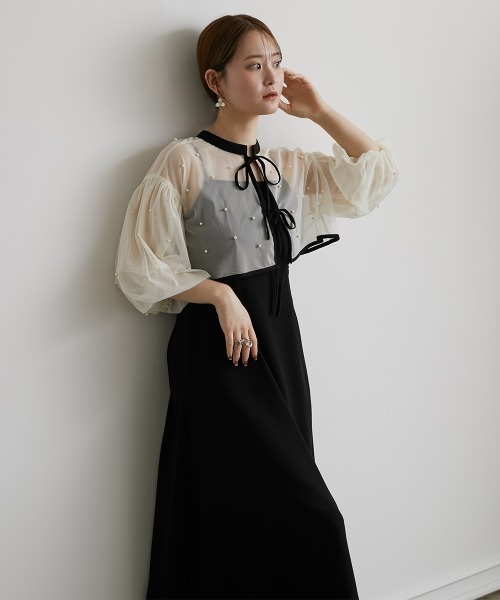 パールチュールパフスリーブボレロフレアドレスワンピース結婚式パーティー二次会 GIRL DRESS FOR NOW ドレス レース切替えパフスリーブ フレア