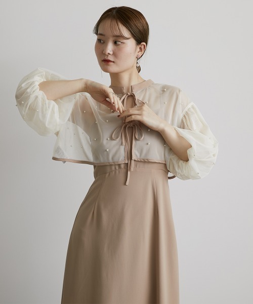 パールチュールパフスリーブボレロフレアドレスワンピース結婚式パーティー二次会 GIRL DRESS FOR NOW ドレス レース切替えパフスリーブ フレア