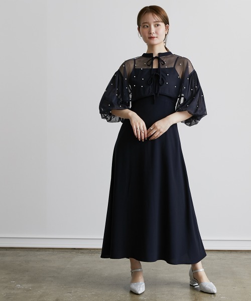 パールチュールパフスリーブボレロフレアドレスワンピース結婚式パーティー二次会 Leja Dress Styling】 ☑︎ パールチュールパフスリーブボレロ