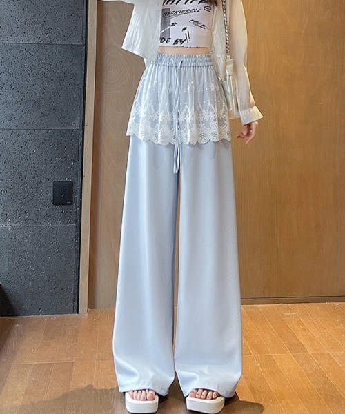 パンツ フェイクレイヤード シアー レースドッキングスカート ワイド