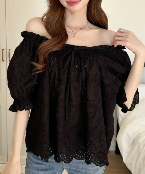 ブラウス シャツ アイレットレース パフスリーブ レディース