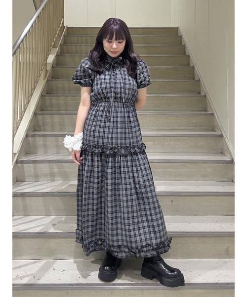 jouetie ワンピース ヘムフリルチェックロングシャツワンピース