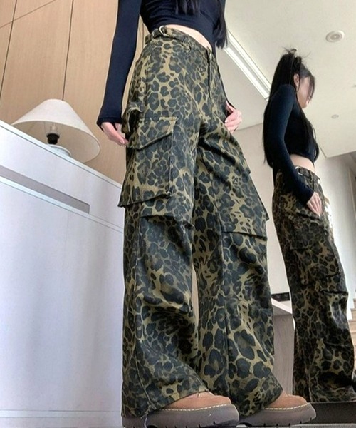 CANVAS+ ワイドパンツ カーゴパンツ 「CANVAS+」レオパード柄カーゴ