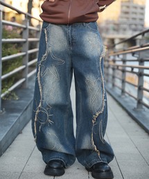 ワイドパンツ ジーンズ グラフィックステッチ ダメージ加工 デニム