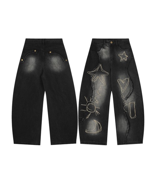 ジーンズ グラフィックステッチ ダメージ加工 デニムパンツ メンズ