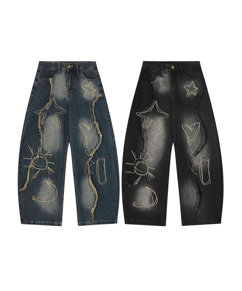 ブラックデニム パンツ サイズ32 ダメージ加工 ジーンズ グラフィックステッチ ダメージ加工 デニムパンツ メンズ