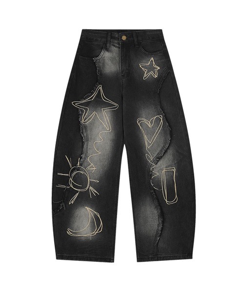 ジーンズ グラフィックステッチ ダメージ加工 デニムパンツ メンズ